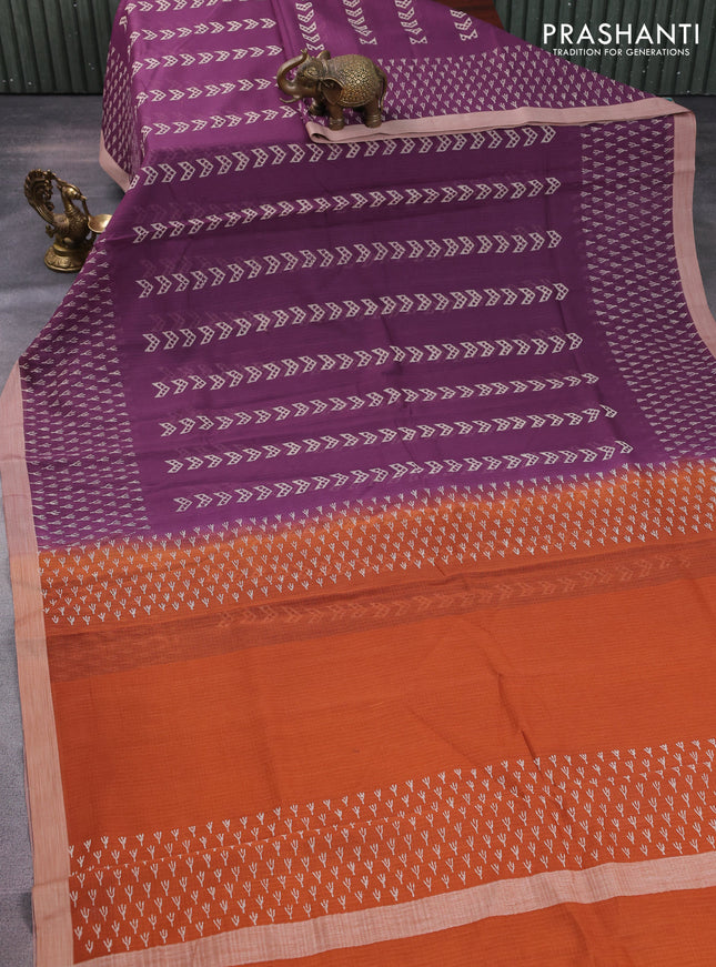 Kota silk cotton saree purple and rust shade with allover block prints and printed border