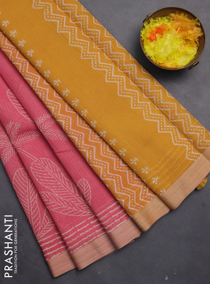 Kota silk cotton saree peach pink and yellow with butta block prints and simple border