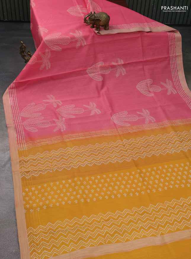 Kota silk cotton saree peach pink and yellow with butta block prints and simple border