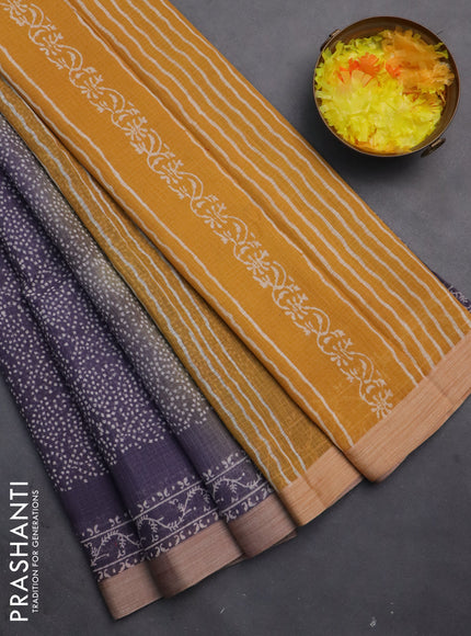 Kota silk cotton saree grey and mustard yellow with allover block prints and printed border