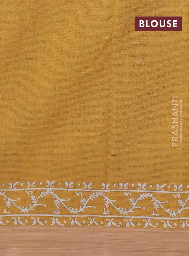 Kota silk cotton saree grey and mustard yellow with allover block prints and printed border