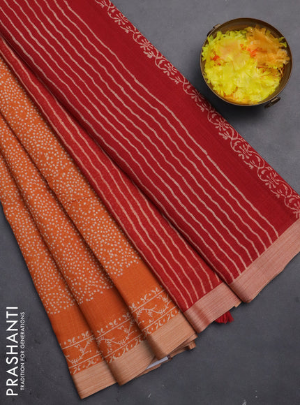 Kota silk cotton saree orange and maroon with allover block prints and printed border