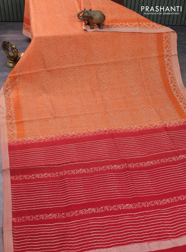 Kota silk cotton saree orange and maroon with allover block prints and printed border