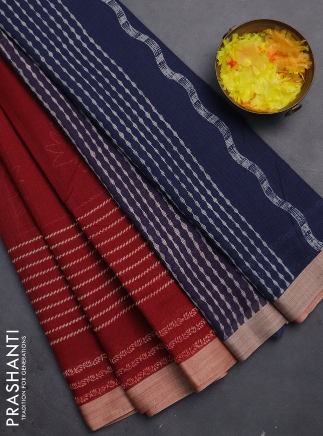 Kota silk cotton saree maroon and navy blue with floral butta block prints and long printed border