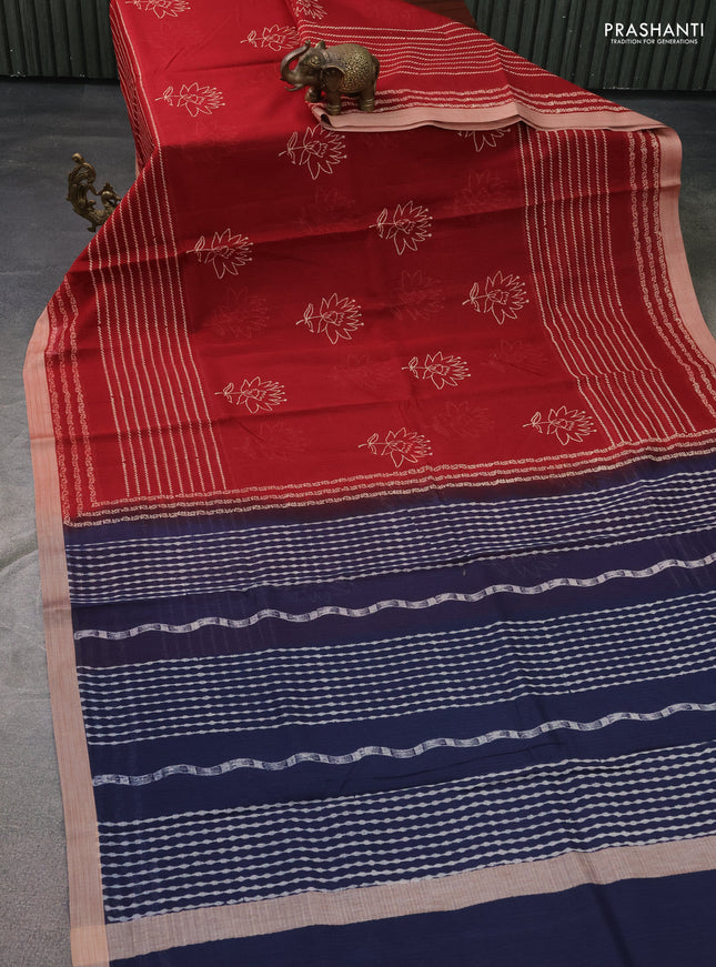 Kota silk cotton saree maroon and navy blue with floral butta block prints and long printed border