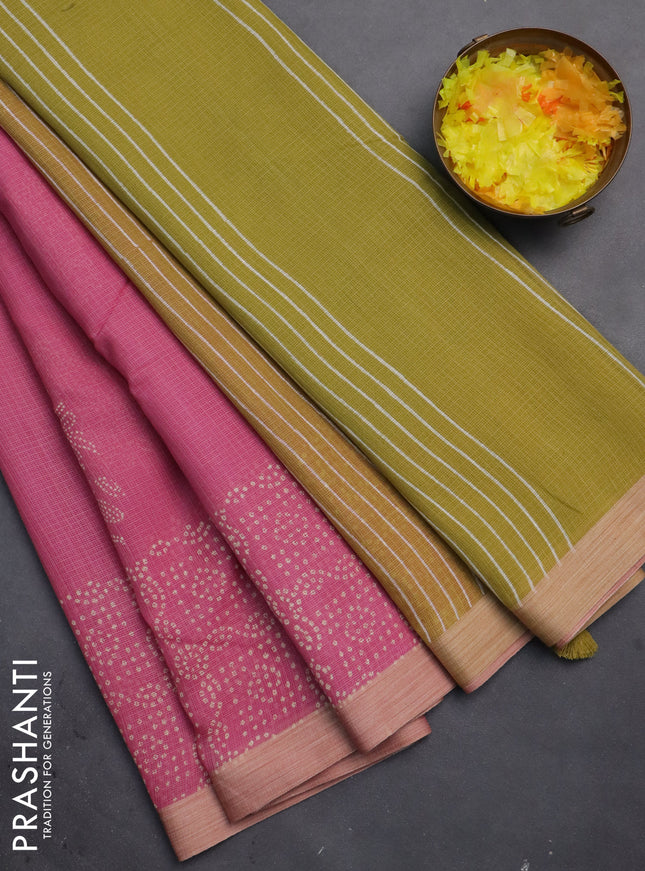 Kota silk cotton saree light pink and mustard yellow with butta block prints and bandhani printed border