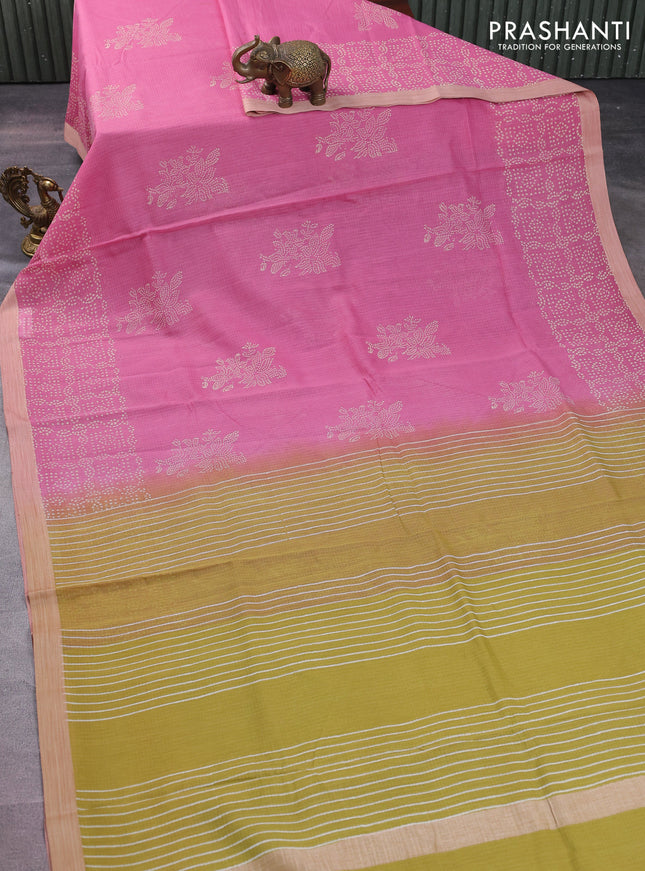 Kota silk cotton saree light pink and mustard yellow with butta block prints and bandhani printed border