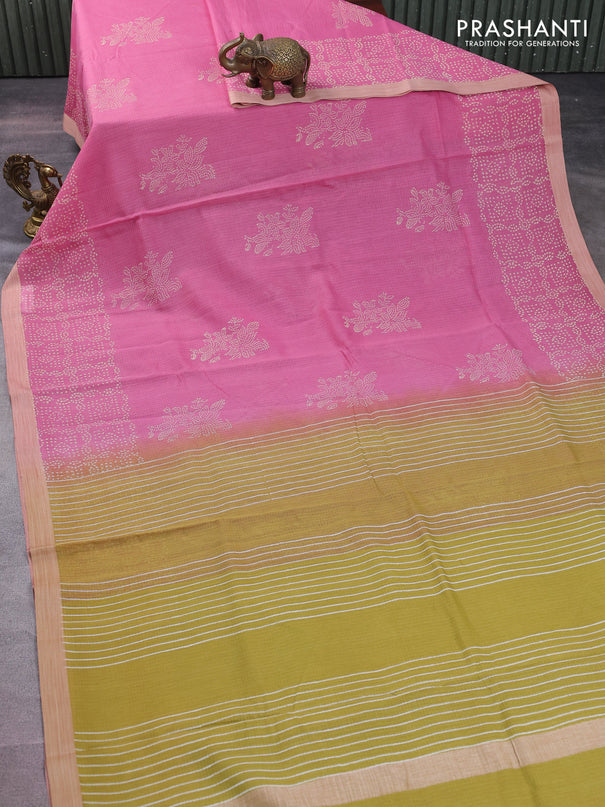 Kota silk cotton saree light pink and mustard yellow with butta block prints and bandhani printed border