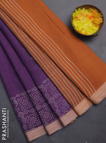 Kota silk cotton saree pueple and brown with butta block prints and bandhani printed border