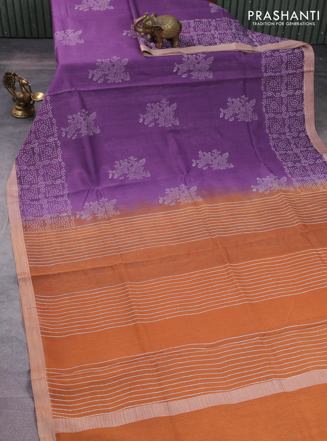 Kota silk cotton saree pueple and brown with butta block prints and bandhani printed border