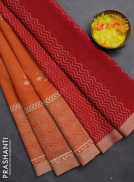 Kota silk cotton saree orange and red with butta block prints and long printed border
