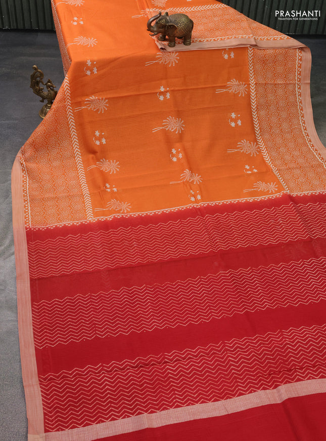 Kota silk cotton saree orange and red with butta block prints and long printed border