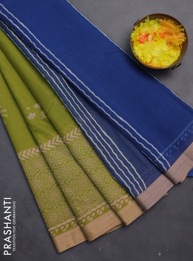 Kota silk cotton saree light green and blue with butta block prints and long printed border