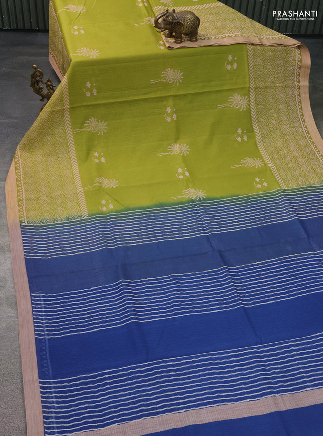 Kota silk cotton saree light green and blue with butta block prints and long printed border