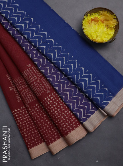 Kota silk cotton saree maroon and blue with butta block prints and printed border