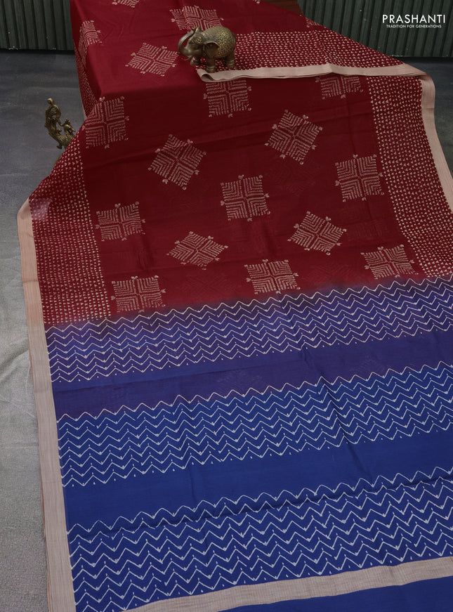 Kota silk cotton saree maroon and blue with butta block prints and printed border