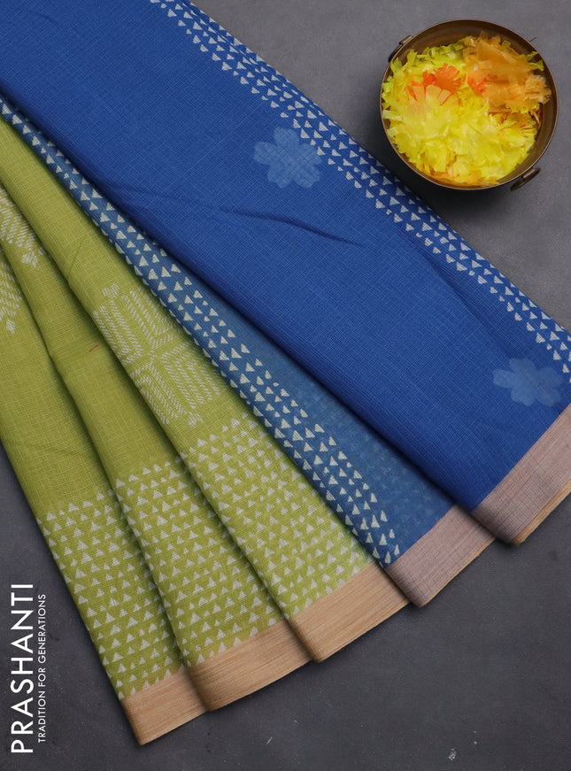 Kota silk cotton saree light green and blue with butta block prints and printed border