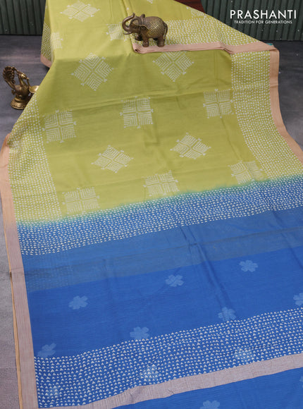 Kota silk cotton saree light green and blue with butta block prints and printed border