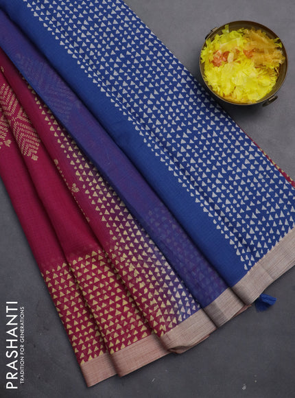 Kota silk cotton saree dark pink and blue with butta block prints and printed border