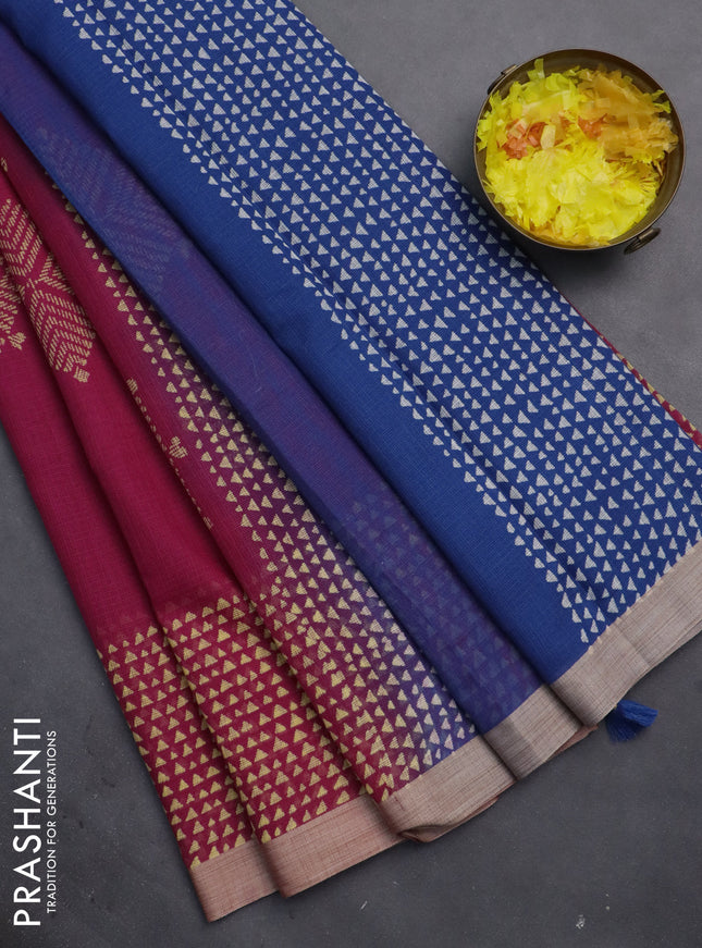 Kota silk cotton saree dark pink and blue with butta block prints and printed border