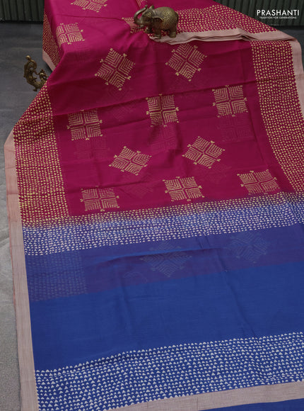 Kota silk cotton saree dark pink and blue with butta block prints and printed border