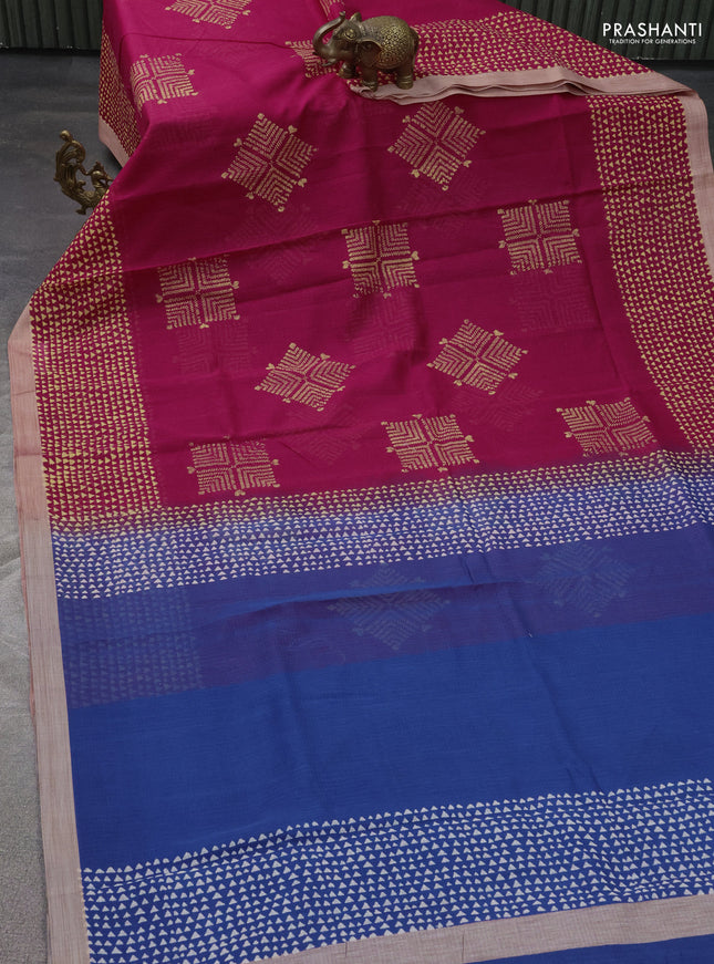 Kota silk cotton saree dark pink and blue with butta block prints and printed border