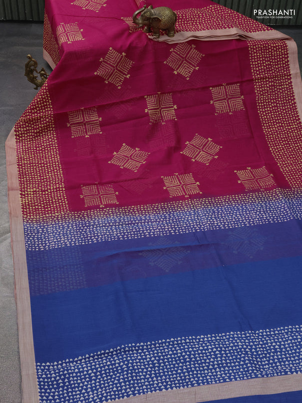 Kota silk cotton saree dark pink and blue with butta block prints and printed border