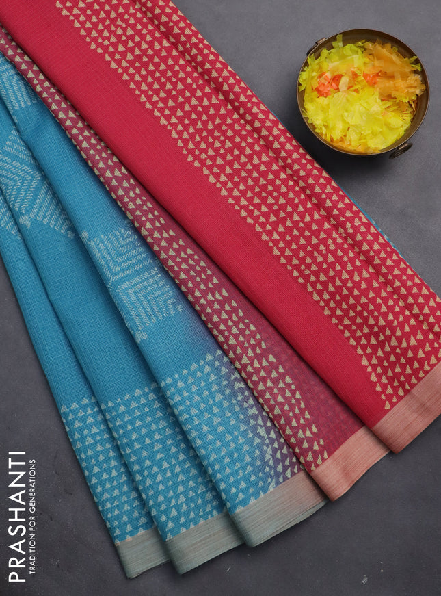 Kota silk cotton saree blue and pink with butta block prints and printed border