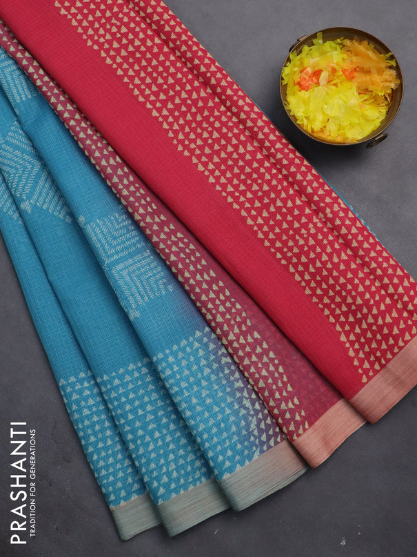 Kota silk cotton saree blue and pink with butta block prints and printed border