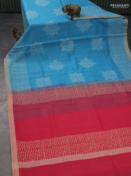 Kota silk cotton saree blue and pink with butta block prints and printed border