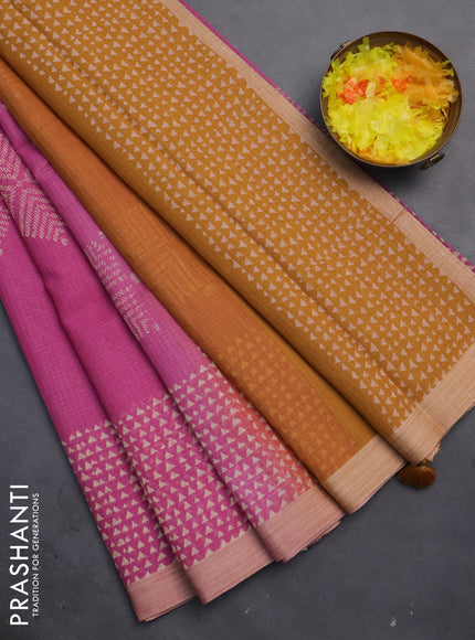 Kota silk cotton saree pink and mustard yellow with butta block prints and printed border