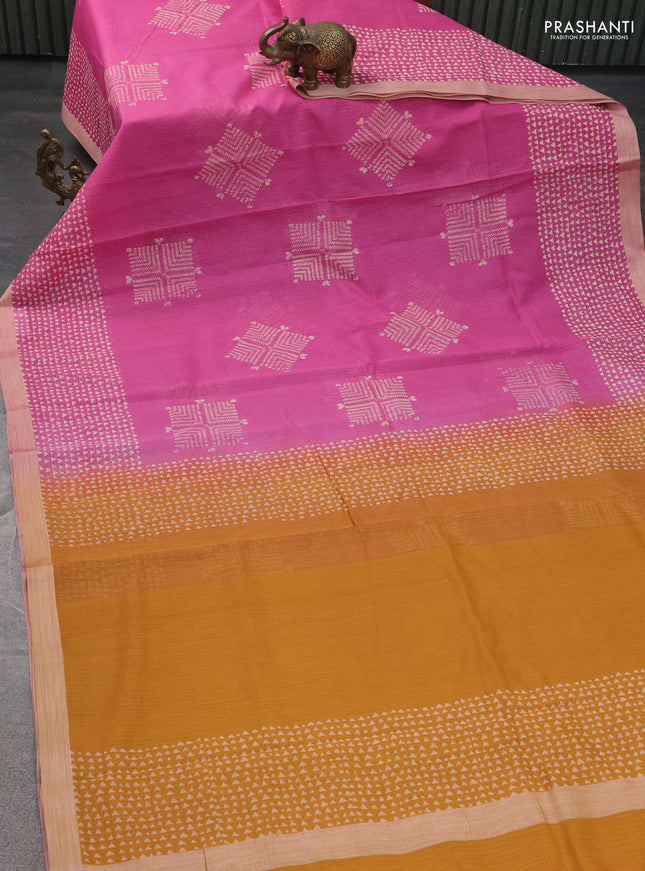 Kota silk cotton saree pink and mustard yellow with butta block prints and printed border