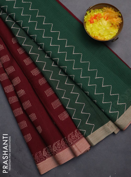 Kota silk cotton saree deep maroon and bottle green with butta block prints and printed border