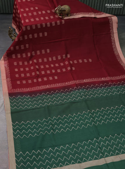 Kota silk cotton saree deep maroon and bottle green with butta block prints and printed border