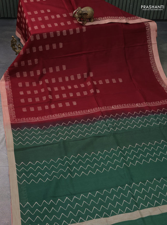 Kota silk cotton saree deep maroon and bottle green with butta block prints and printed border