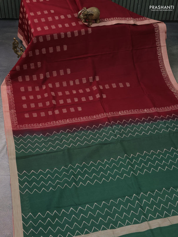 Kota silk cotton saree deep maroon and bottle green with butta block prints and printed border