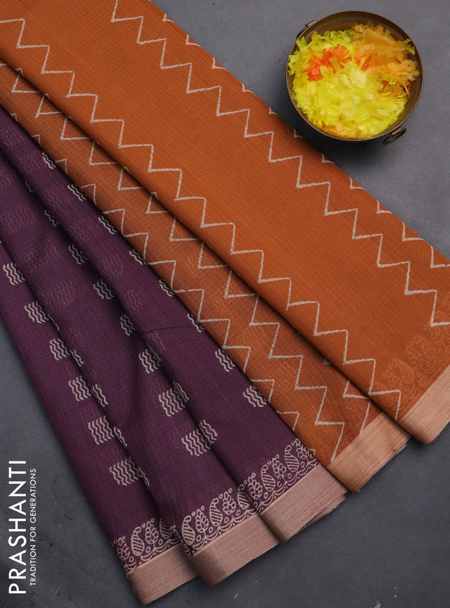 Kota silk cotton saree wine shade and rust shade with butta block prints and printed border