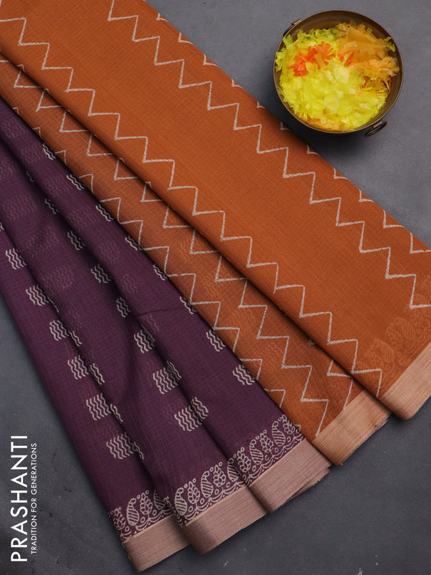 Kota silk cotton saree wine shade and rust shade with butta block prints and printed border