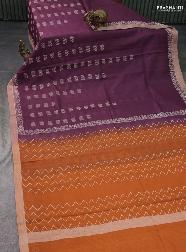 Kota silk cotton saree wine shade and rust shade with butta block prints and printed border