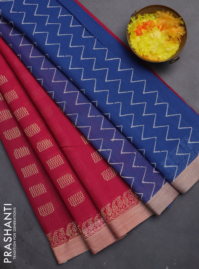 Kota silk cotton saree pink and blue with butta block prints and printed border