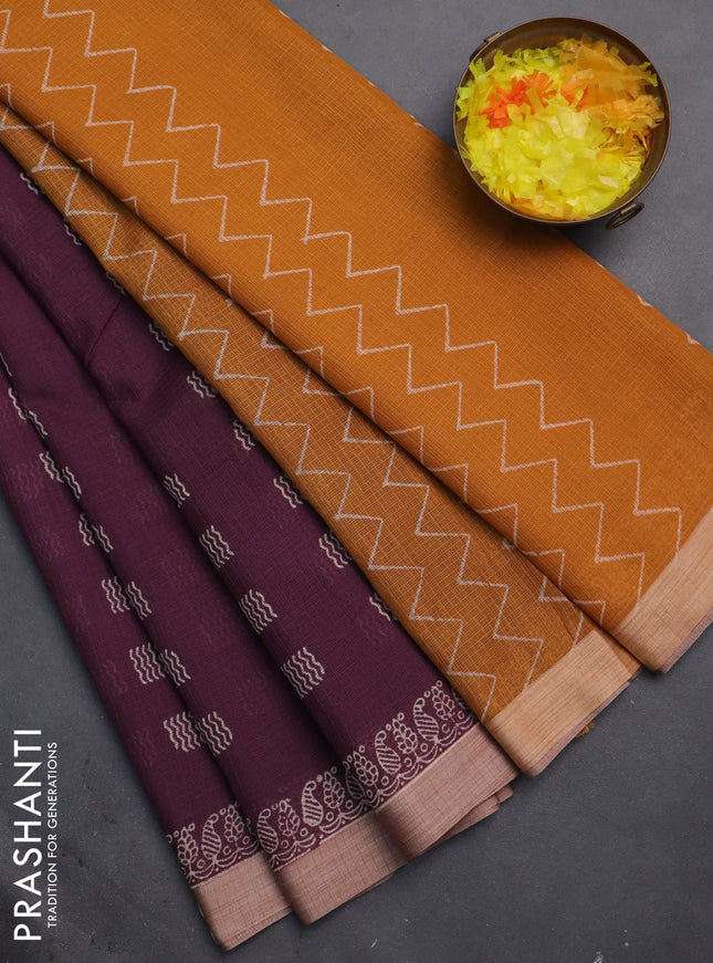 Kota silk cotton saree wine shade and mustard yellow with butta block prints and printed border
