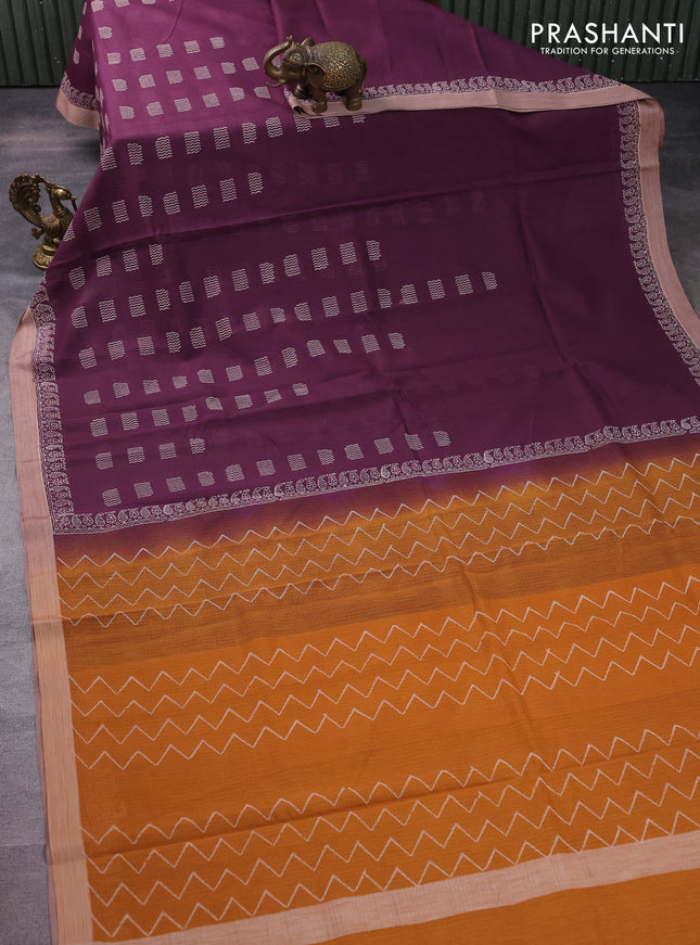 Kota silk cotton saree wine shade and mustard yellow with butta block prints and printed border