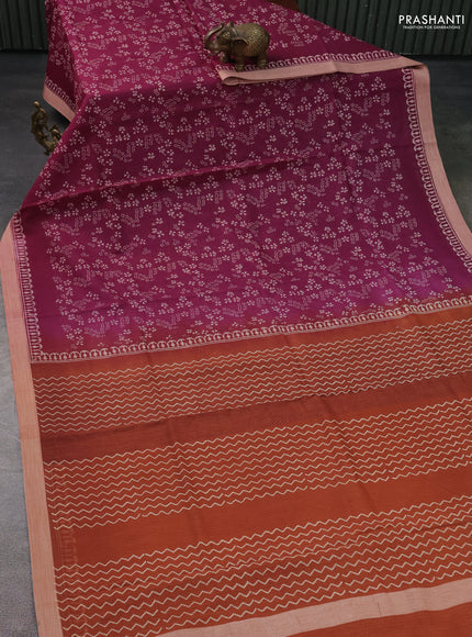 Kota silk cotton saree wine shade and rust shade with allover block prints and simple border