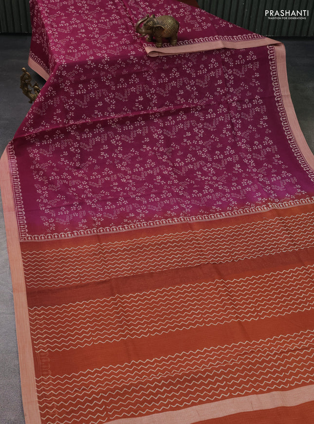 Kota silk cotton saree wine shade and rust shade with allover block prints and simple border