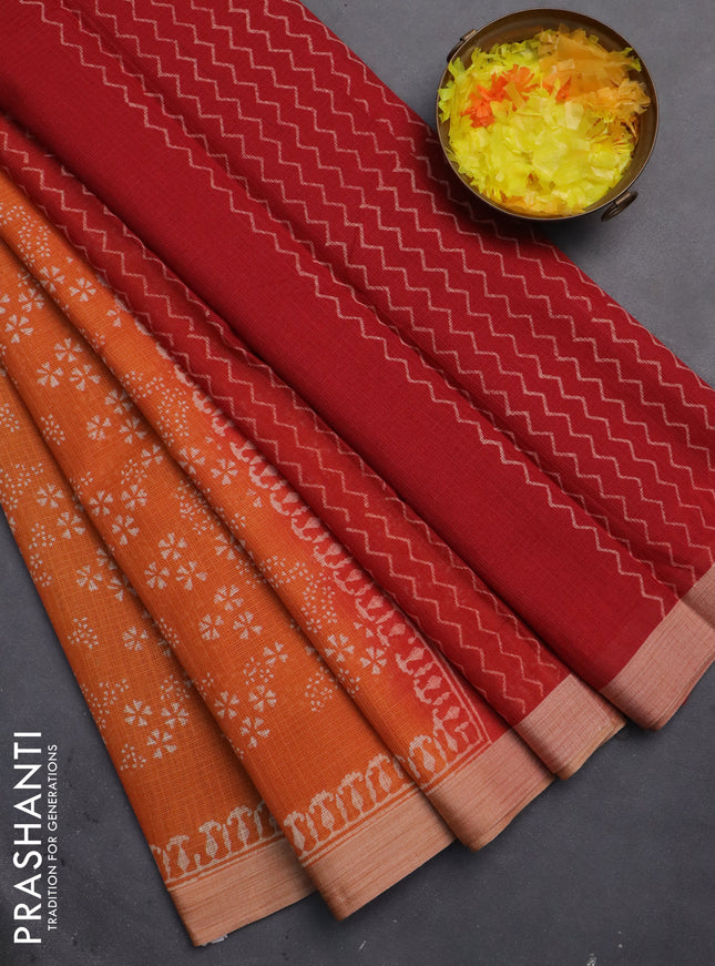 Kota silk cotton saree orange and maroon with allover block prints and simple border