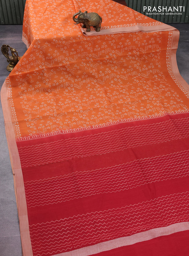 Kota silk cotton saree orange and maroon with allover block prints and simple border