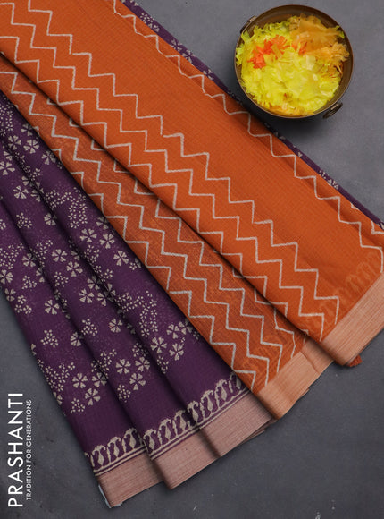 Kota silk cotton saree purple and rust shade with allover block prints and simple border