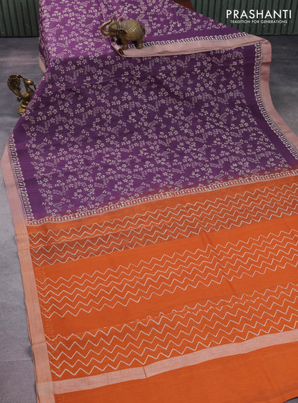 Kota silk cotton saree purple and rust shade with allover block prints and simple border