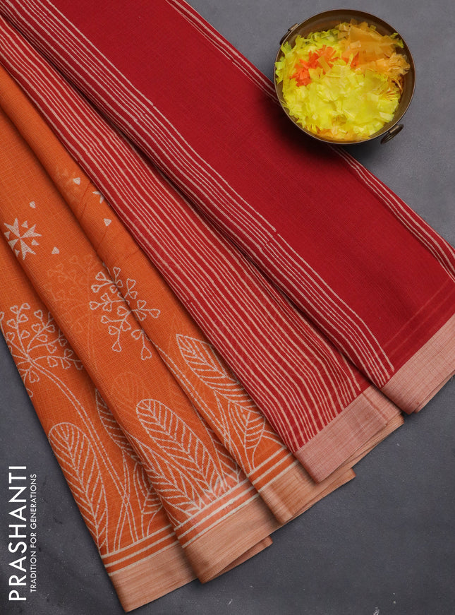 Kota silk cotton saree orange and maroon with butta block prints and printed border