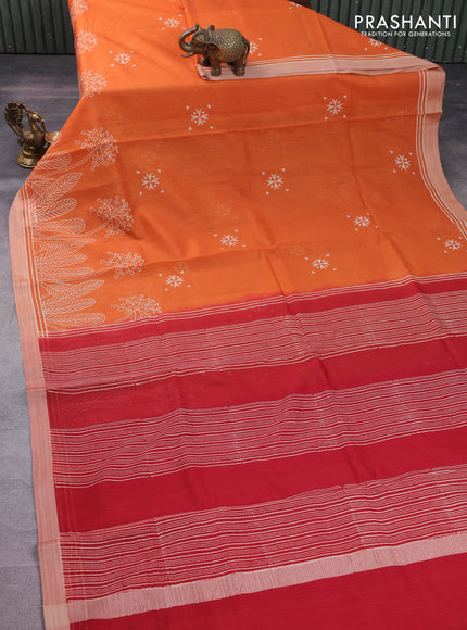 Kota silk cotton saree orange and maroon with butta block prints and printed border